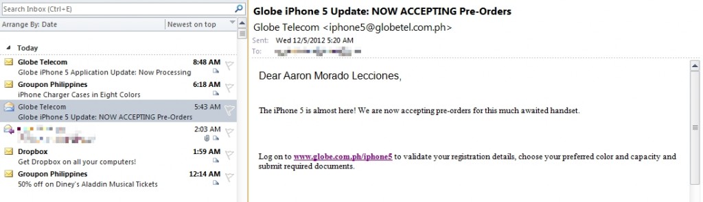 Globe Telecom iPhone 5 availability email